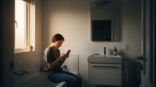 Young Woman Sitting on Bathroom Counter Using Smartphone in Natural Light - Powered by Adobe
