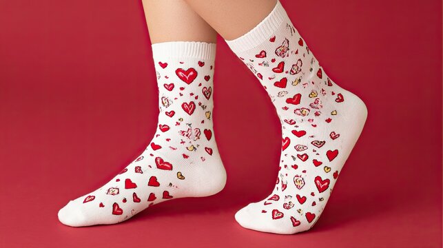 White socks decorated with red and pink hearts for Valentine's Day romantic gift on red background scene - Powered by Adobe