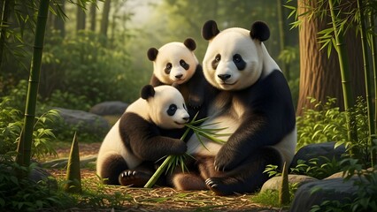 A cute cartoon panda eating bamboo, 2D animation, white background