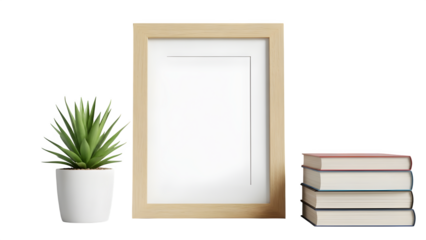 Blank rectangular frame with plant and books on black background for mockup