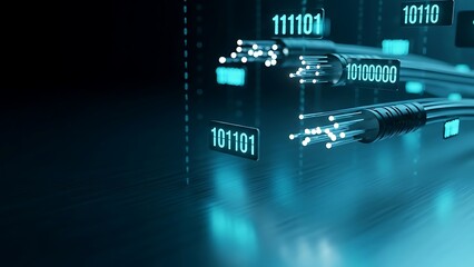 Modern digital network with glowing fiber optic cables transmitting binary code offers fast data speeds for technology and telecom solutions, communication hub,Generated Image