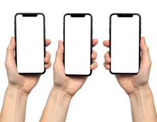 Three hands holding blank screen mobile devices, black background