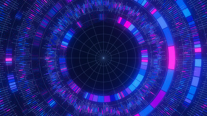 Closeup of Big Data complex round graph background. Quantum computing universe. Cyber space of AI technology. Futuristic graph. Digital qubit information presentation.