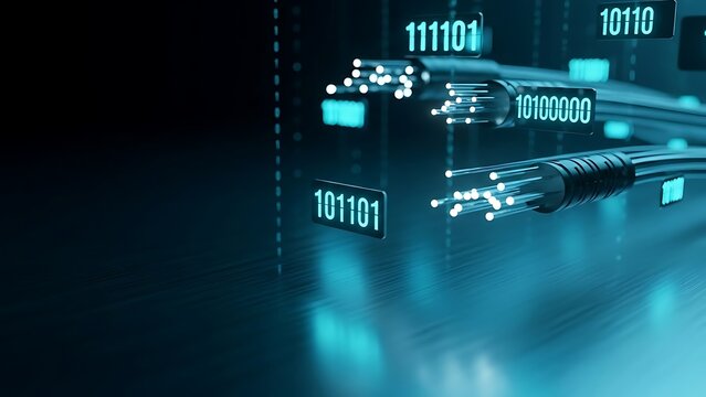 Modern digital network with glowing fiber optic cables transmitting binary code offers fast data speeds for technology and telecom solutions, communication hub,Generated Image
