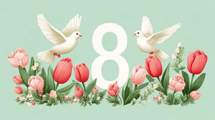 Floral greeting with number 8, tulips, and white doves on pastel background for International Women’s Day