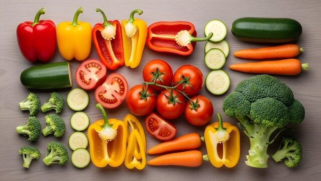 Colorful vegetable flatlay on light neutral surface with clean arrangement