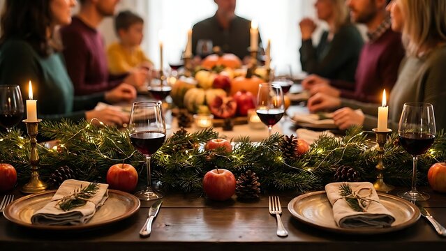 Family holiday dinner table with candles and festive decor