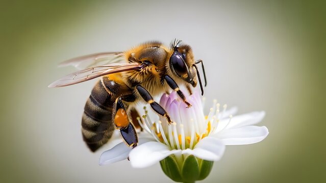 Detailed Macro Portrait of a Honeybee with Golden Pollen on a Delicate Wildflower.