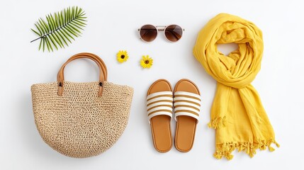 Flat lay of summer accessories including straw bag, sandals, yellow scarf, sunglasses and flowers on white