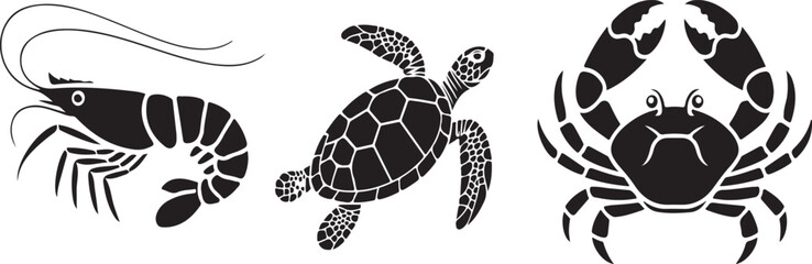 Black and White Ocean Animals Vector Seafood and Wildlife Illustrations - Sea Creatures Vector Collection Prawn, Turtle, and Crab Symbols