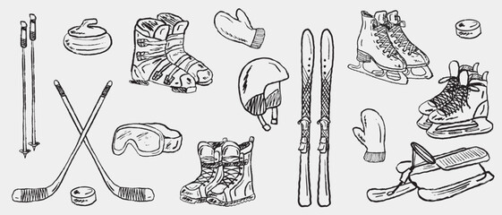 Naklejka premium Hand drawn winter sports equipment: ski, snowboard, sled, boots, hockey, curling, goggles, ice skates, helmet, mittens. Vector sketch illustration in vintage crayon charcoal style. Winter activity