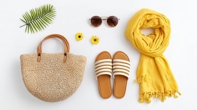 Flat lay of summer accessories including straw bag, sandals, yellow scarf, sunglasses and flowers on white