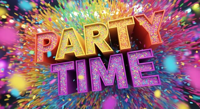 Colorful 3D text reading 'Party Time' surrounded by an explosion of vibrant, multicolored confetti and streamers. - Powered by Adobe