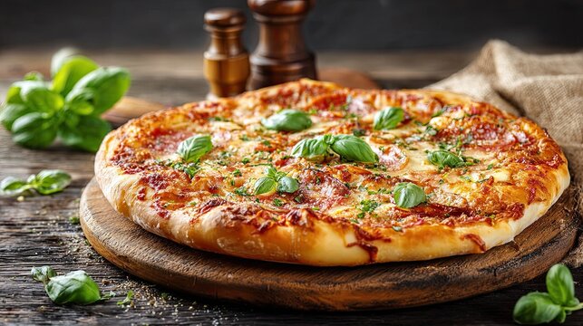Delicious cheese pizza with tomato sauce, herbs, and basil leaves on rustic wooden table background
