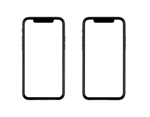 Two identical dark phones with black screens on black background