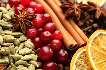 Different spices, dry orange slices and cranberries for mulled wine as background, closeup