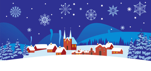 Christmas card with village houses and fir trees in the snow. Festive snowy Christmas landscape. Vector illustration.