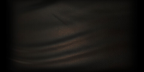 Fototapeta premium Close-up, high-resolution texture of deep brown, lightly-tumbled faux or genuine leather. Surface has fine natural grain with subtle wrinkles and creases, illuminated from above to create a glossy