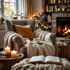 Cozy living room scene with warm ambiance featuring a comfortable armchair and books