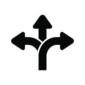 Three-way direction arrow sign icon vector illustration representing choice future path or decision concept black graphic