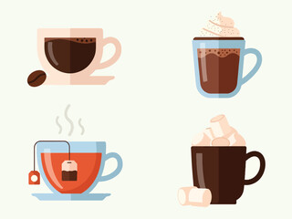 Four illustrations of hot beverages coffee mocha tea and hot chocolate with marshmallows