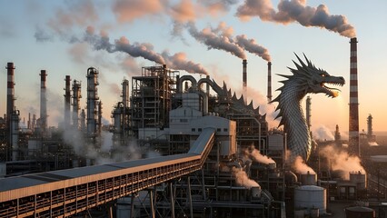 Industrial complex with tall smokestacks emitting steam against a dramatic sunset sky.