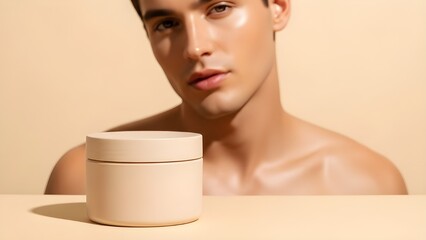 Commercial hero shot of unbranded clay mask container on warm cream background, male model behind with smooth glowing skin and exposed shoulders softly blurred, sensual gentle atmosphere