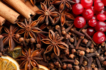 Different spices and cranberries for mulled wine as background, top view