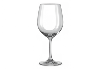 Empty clear glass wine goblet standing on transparent background for drinks and celebrations