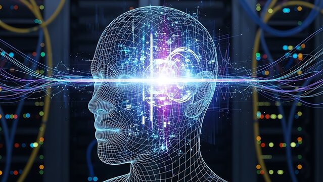 Quantum Computing Concept Luminous Blue and Purple Kubits in a Complex 3D Grid Structure