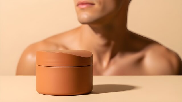 Commercial hero shot of unbranded clay mask container on warm cream background, male model behind with smooth glowing skin and exposed shoulders softly blurred, sensual gentle atmosphere - Powered by Adobe