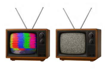 Retro vintage analog televisions displaying color bars signal and static noise on clear transparent background