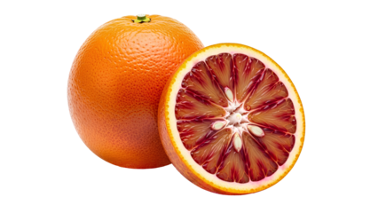Whole and Halved Blood Orange PNG. Full citrus fruit paired with a cross section cut. Fresh red pulp ingredient for healthy eating and vitamin C concepts isolated
