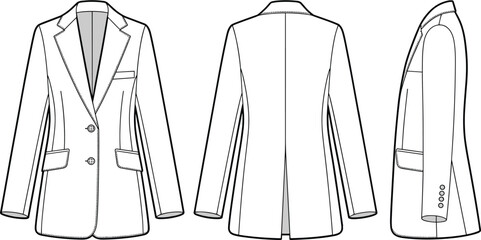 Fashion flat sketch of a women's tailored blazer front back and side views jacket clothing