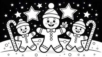 "Christmas Gingerbread Cookies Coloring Page with Stars and Candy Canes