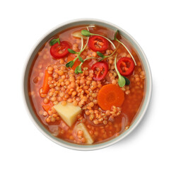 Delicious lentil soup with vegetables in bowl isolated on white, top view