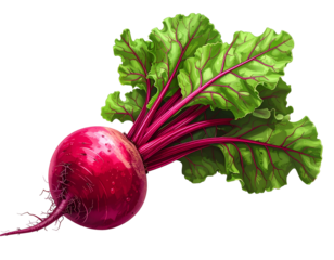 Vibrant red beet, green leaves, delicate roots on black