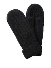 A pair of textured black knitted mittens with a ribbed cuff isolated on transparent background