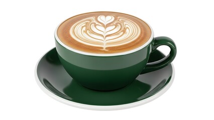 A cup of frothy cappuccino, with a perfect heart-shaped latte art on top.