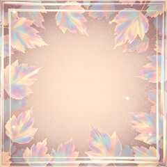 Obraz premium Holographic autumn leaf frame border with soft pastel gradient background