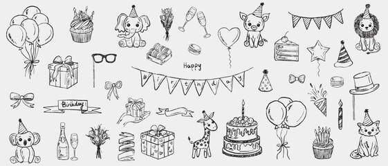 Hand drawn birthday party elements with animals, sweets, and festive decor. Vector sketch illustration in vintage crayon charcoal style. Happy Birthday party decorations, print designs
