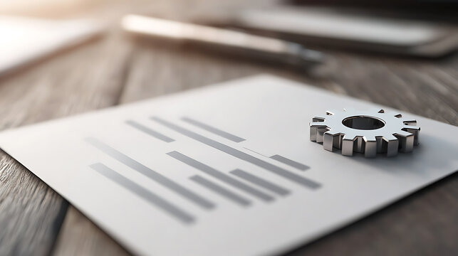 Gear resting on a document with bar graphs. Conceptual image for analysis, precision, strategy, and data visualization. Set on a wooden surface with a pen.