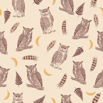 Seamless vector illustration pattern featuring owls, feathers, and crescent moons on a soft beige background, creating a whimsical and nature-inspired design concept