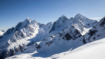 Majestic Sunlit Alpine Peaks: Pristine Snow-Capped Mountains and Valleys Under a Clear Blue Sky.