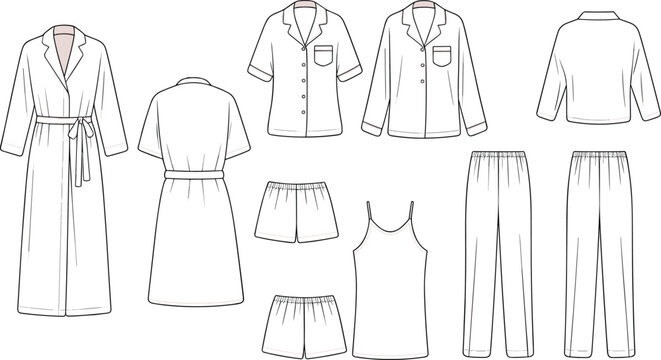 Fashion flat sketches of women's sleepwear set including robe shorts and pajamas loungewear nightgown