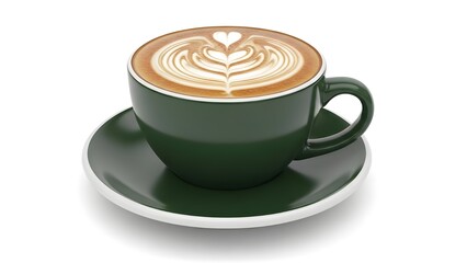 A cup of frothy cappuccino, with a perfect heart-shaped latte art on top.
