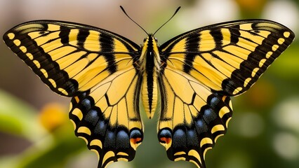 Eastern Tiger Swallowtail butterfly with vibrant yellow wings and black stripes isolated on a white background, fluttering, yellow wings, wildlife photography, Lepidoptera, detail