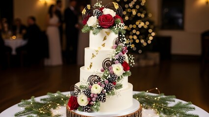 Elegant Naked Wedding Cake with Delicate Floral Decorations in a Rustic Setting