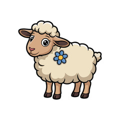 Cute Cartoon Sheep with Blue Flower