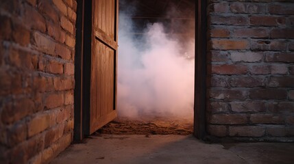 An open wooden door reveals dense swirling smoke emerging from a rustic brick interior